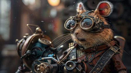 Cute cat in a steampunk costume. 3d rendering.の素材