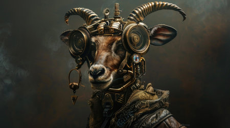 Portrait of a goat in a steampunk helmet. Steampunk.の素材