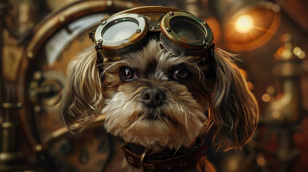 Portrait of a cute dog with a pilot's helmet and gogglesの素材