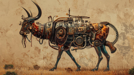 Vintage steam punk steampunk machine in the field, 3d illustrationの素材