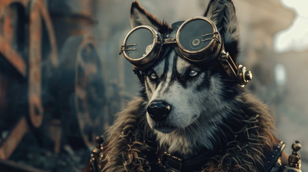 Portrait of a husky dog in a steampunk costume.の素材
