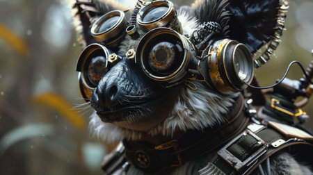 Funny dog with a gas mask in the form of a muzzleの素材