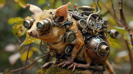 Close-up of a steampunk robot on a tree.の素材