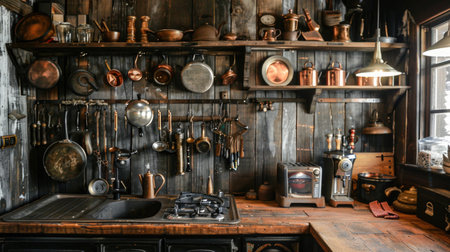 Old kitchen in a rustic style with lots of old utensilsの素材