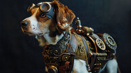 Portrait of a dog in a steampunk costume on a dark background.の素材