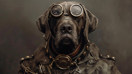 Portrait of a dog in aviator's helmet on a dark background.の素材