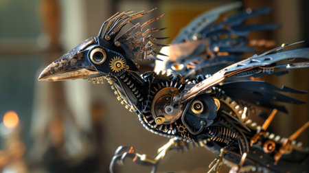 close-up of a steampunk robot made of metal and woodの素材