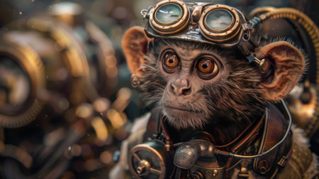 Portrait of a monkey in an aviator's helmet and glassesの素材