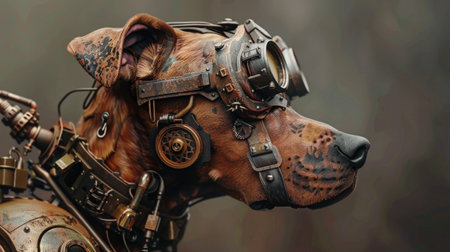 Portrait of a dog in a military helmet with a gas mask.の素材