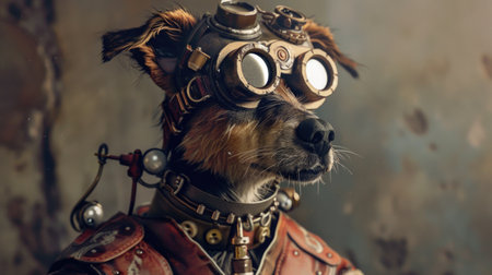 Portrait of a dog in a steampunk style. Portrait of a dog in a steampunk helmet.の素材