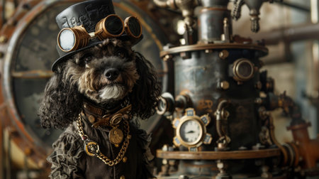 Cute black dog in a steampunk costume with a clock in the backgroundの素材