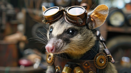 Portrait of a pet rat in a leather helmet and glasses.の素材