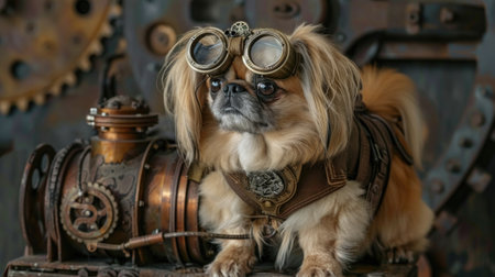Pekingese dog with aviator goggles on a steampunk backgroundの素材