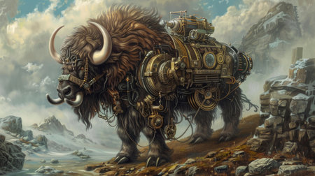 3D illustration of a steampunk robot on a background of mountainsの素材