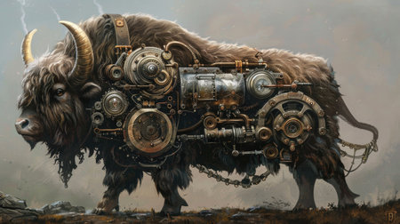 3D CG rendering of a steampunk robot with mechanical elements.の素材