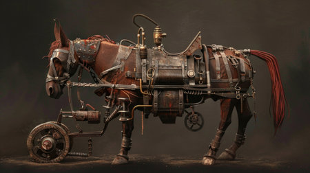 Model of a horse with a cart made of wood on a dark backgroundの素材