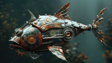 3d illustration of a steampunk fish with a lot of detailsの素材