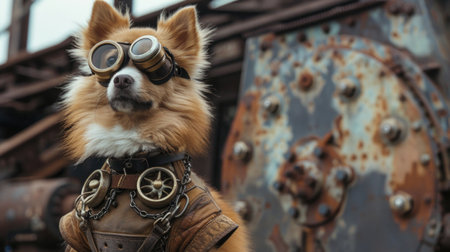Cute chihuahua dog wearing aviator helmet and goggles on an old rusty backgroundの素材