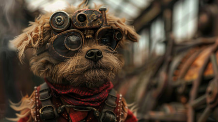 A dog wearing a pilot's helmet and aviator's glasses on the background of a wooden carriage.の素材
