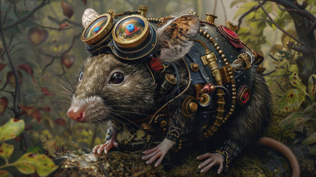 3D rendering of a cute rat in the steampunk costume.の素材