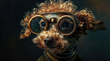 Cute dog with vintage goggles on a dark background. Vintage style.の素材
