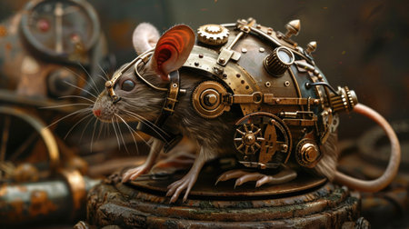 Cute little mouse with steampunk mechanism on dark background, closeupの素材
