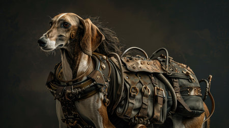 Hound with a saddle in the studio on a dark background.の素材