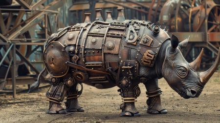 Rhinoceros made of wood and metal. Photo in old color image style.の素材