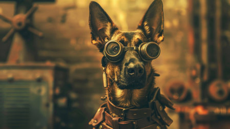 Portrait of a dog in a steampunk costume with glasses.の素材