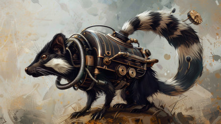 Fantasy illustration of a flying fox in an old steam engine.の素材