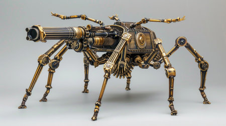 Vintage metal toy robot on a gray background. 3d renderingの素材