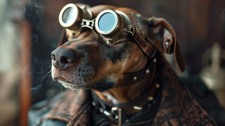 Portrait of a dog with glasses in the steampunk style.の素材