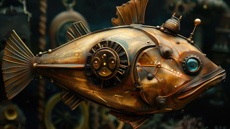 Gold fish on the background of the sea and the ship in the aquariumの素材