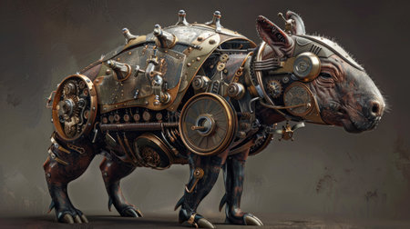 3d rendering of a steampunk horse made of metal and woodの素材