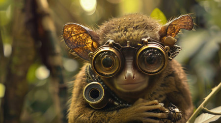 Portrait of a monkey in a helmet and glasses in the jungleの素材