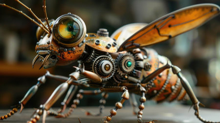 Closeup of a toy robot made of wood and metal in a shop windowの素材