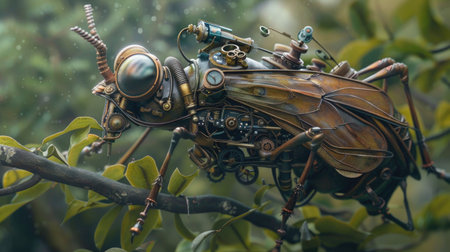 Close up of a giant grasshopper on a tree branch.の素材