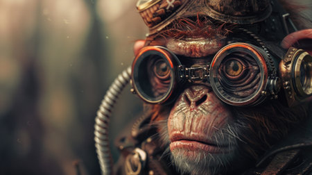 Portrait of a monkey in aviator helmet and goggles. Close-up.の素材