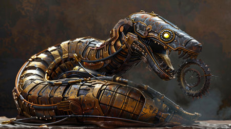 3d rendering of a fantasy dragon made of metal on a dark backgroundの素材