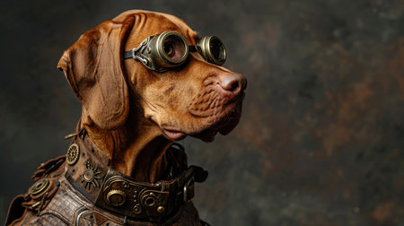 Portrait of a Vizsla dog in steampunk costume.の素材