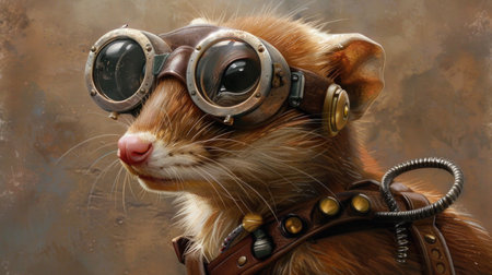Funny cat with aviator goggles and steampunk helmet on a grunge backgroundの素材