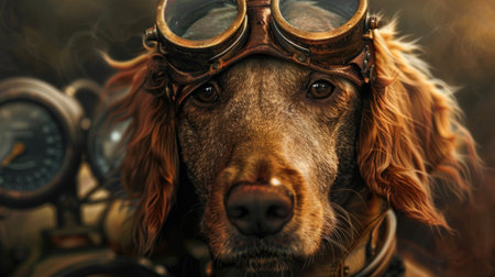 Portrait of a dog in aviator helmet and glasses on the background of old military equipment.の素材