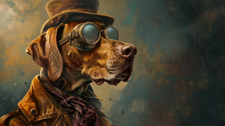 Dog in a hat and leather jacket with a gun in his mouthの素材