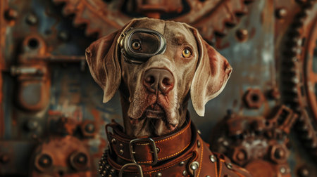 Portrait of a dog breed Weimaraner in a steampunk style.の素材