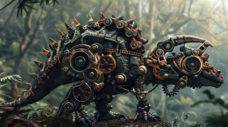 Steampunk monster in the jungle. 3d rendering. Computer digital drawing.の素材