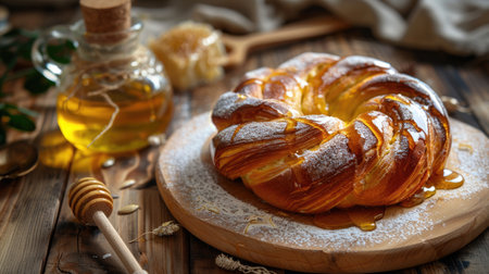 Sweet braided bread with honey on a wooden background. Selective focus.の素材