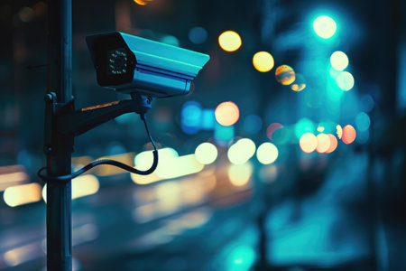 CCTV security camera or surveillance system on a city street at nightの素材