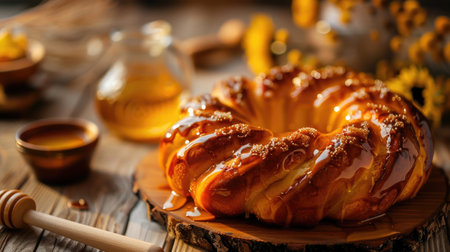 Homemade sweet buns with honey and nuts on a wooden backgroundの素材