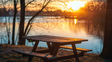 Wooden table and benches on the bank of the river at sunsetの素材