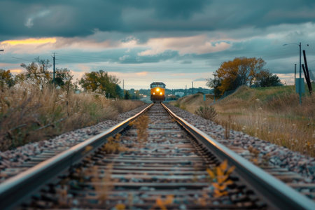 Train on railroad tracks in the evening. Railway in the evening.の素材